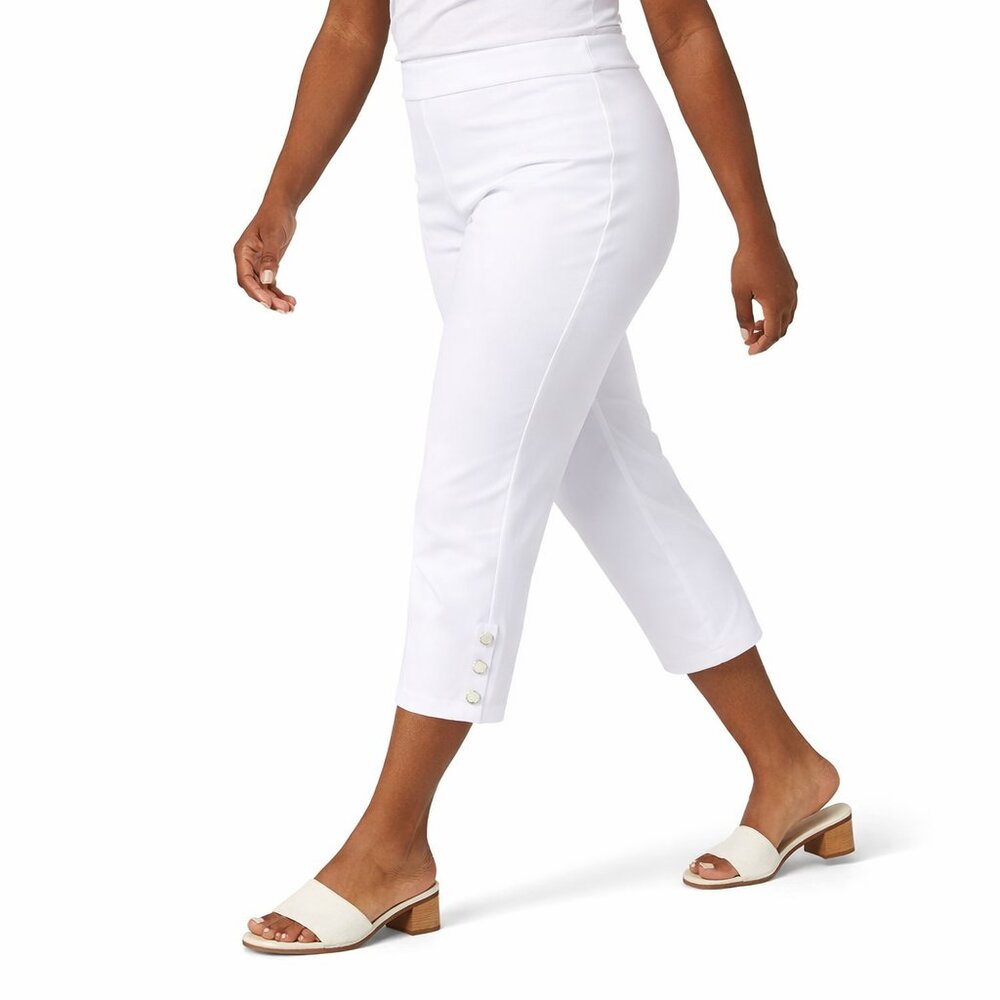 NEW Susan Graver Weekend Stretch Capri Pants Gold Clover Detail White